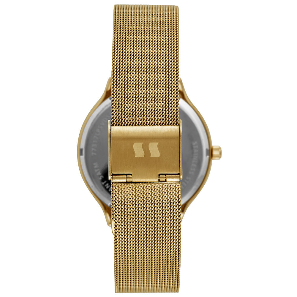 Miniatura Relógio Feminino Dourado Malha de Aço Mostrador Prata