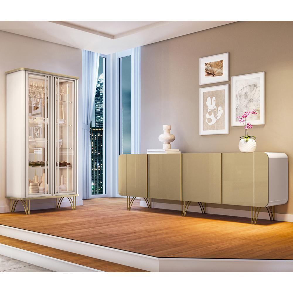 Miniatura Kit Aparador Buffet Bar Living Santiago Com Cristaleira Adega Síria B01 Off White Champagne - Lyam Decor