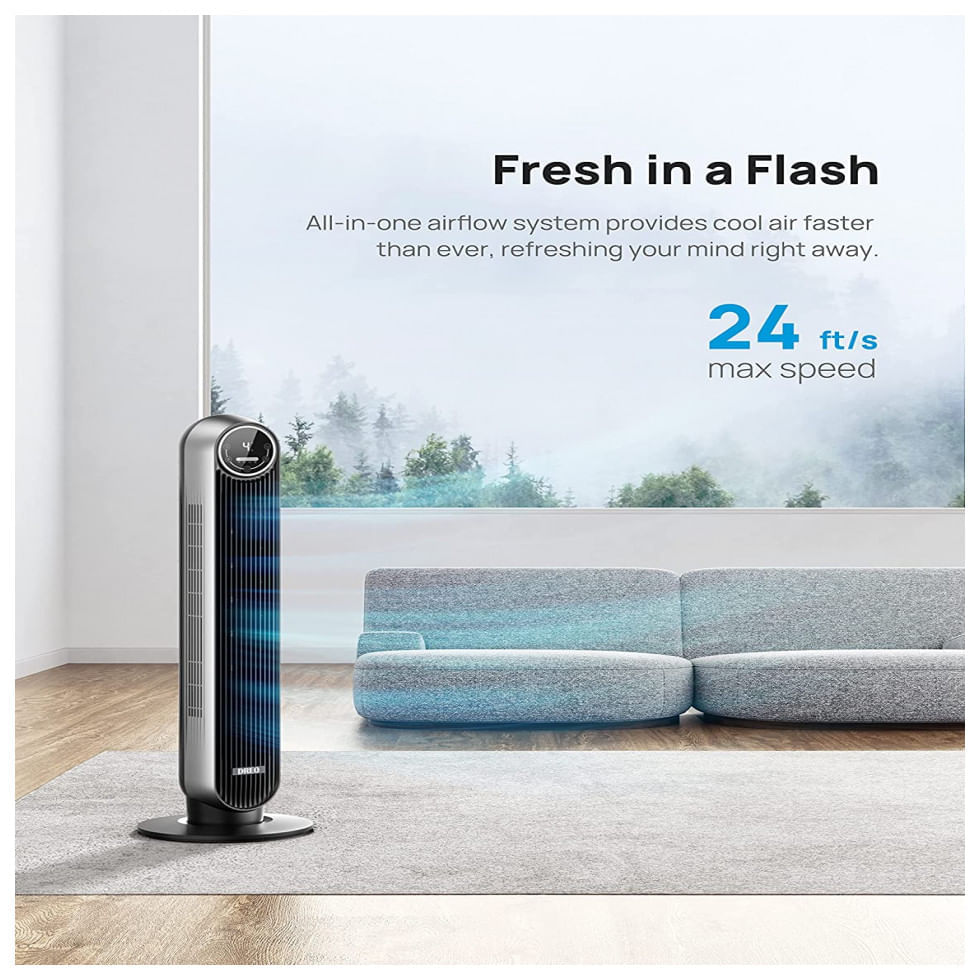 Miniatura Ventilador de Torre Dreo DR HTF007S com 4 Velocidades, Controle Remoto, Tela LED e Controle de Voz, 110V, Cinza