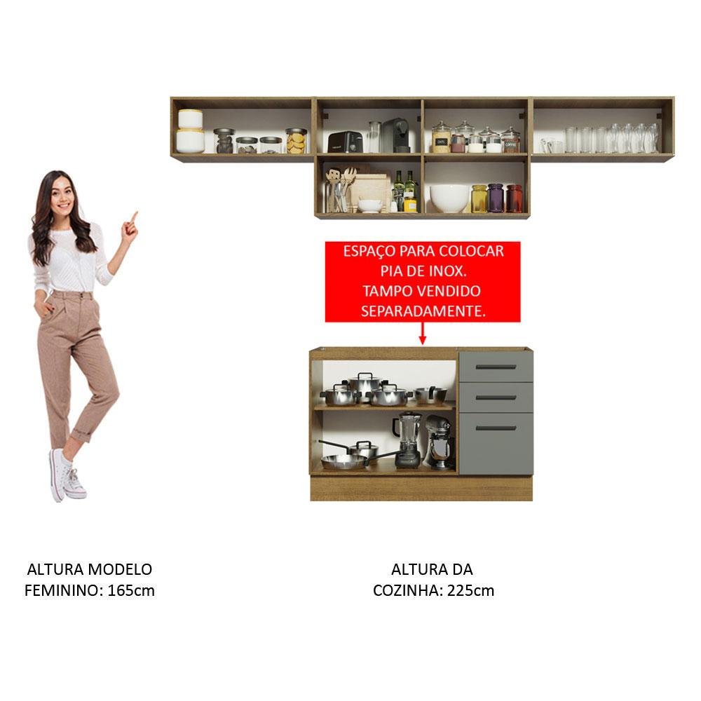 Armário de Cozinha Compacta 280cm Rustic/Cinza Agata Madesa 02 Rustic/Cinza