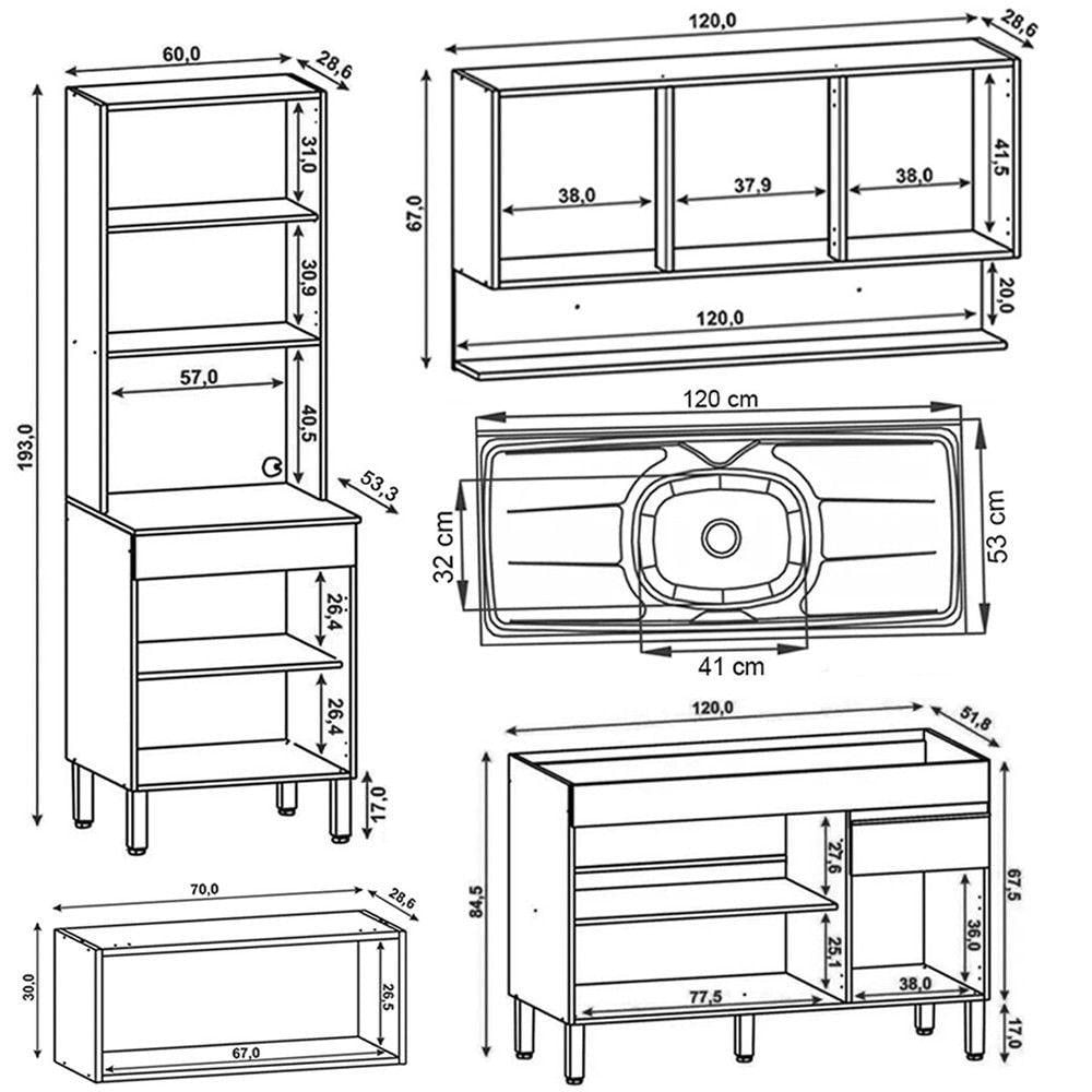 Armário De Cozinha 5 Peças Balcão Com Pia 120cm Lina10 K02 Gris/freijó - Mpozenato