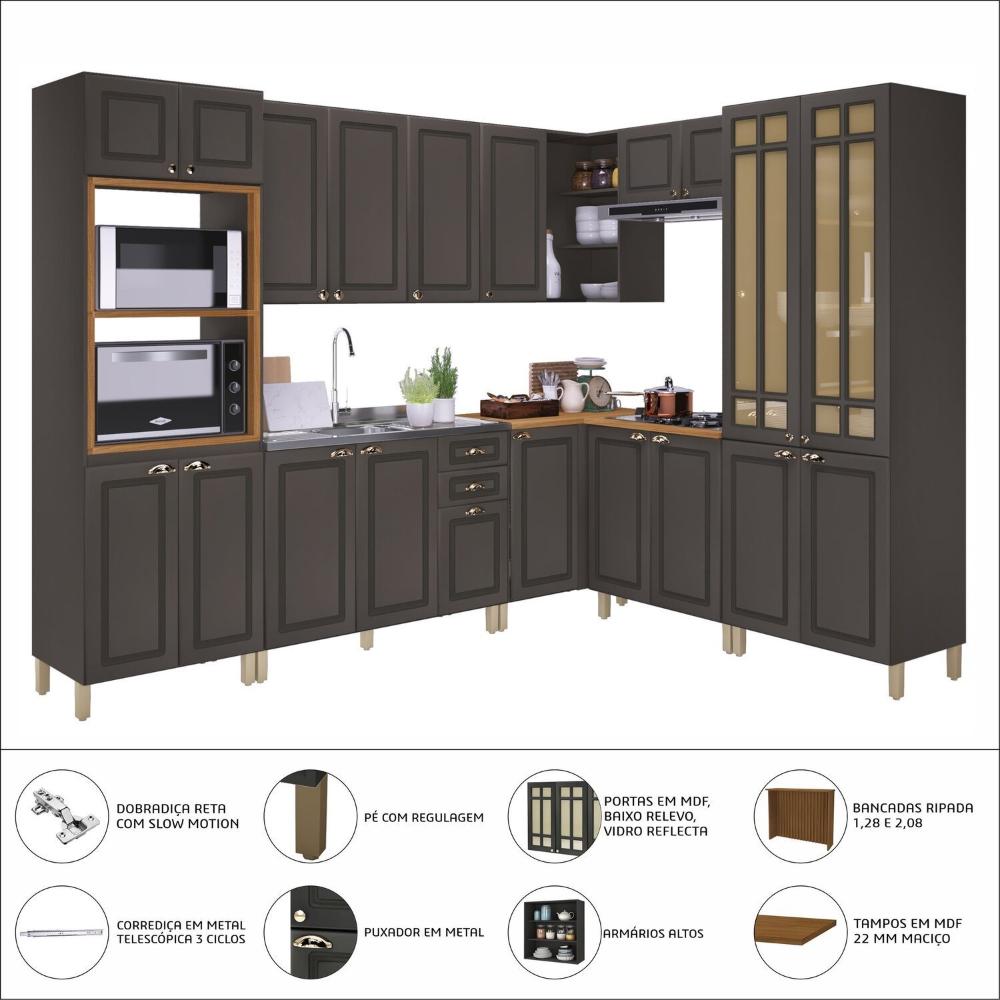Miniatura Cozinha Modulada Completa 8 Peças 20 Portas 2 Gavetas Paris Chumbo