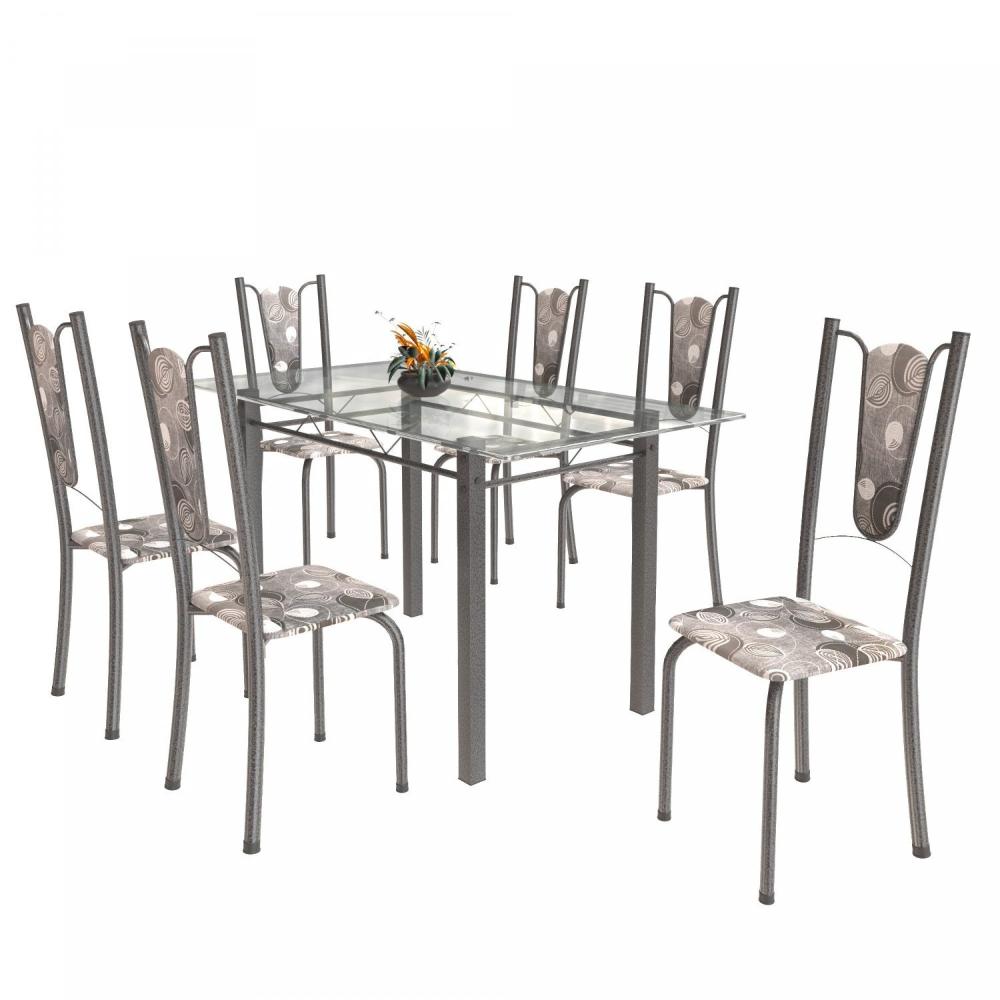 Conjunto de Mesa Tubular 6 Cadeiras 140cm com Tampo de Vidro Melissa Soma Móveis Paraopeba/Prata