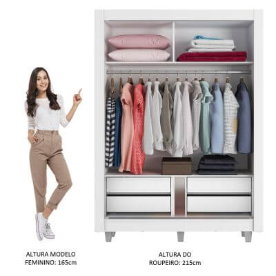 Guarda-Roupa Solteiro Madesa Dallas Plus 2 Portas de Correr 4 Gavetas com Pés Branco/Rustic Cor:Branco/Rustic