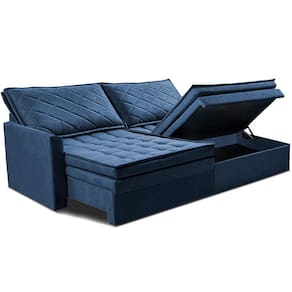 Miniatura Sofá 3 Lugares Cama inBox Marselha com 180 cm de Largura, Retrátil, com Baú e Revestimento Suede Velusoft Azul