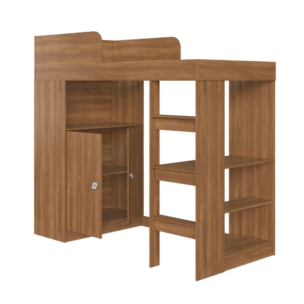 Miniatura Cama Alta Multifuncional Infantil/Juvenil com Armário e Escrivaninha San Francisco Nogal