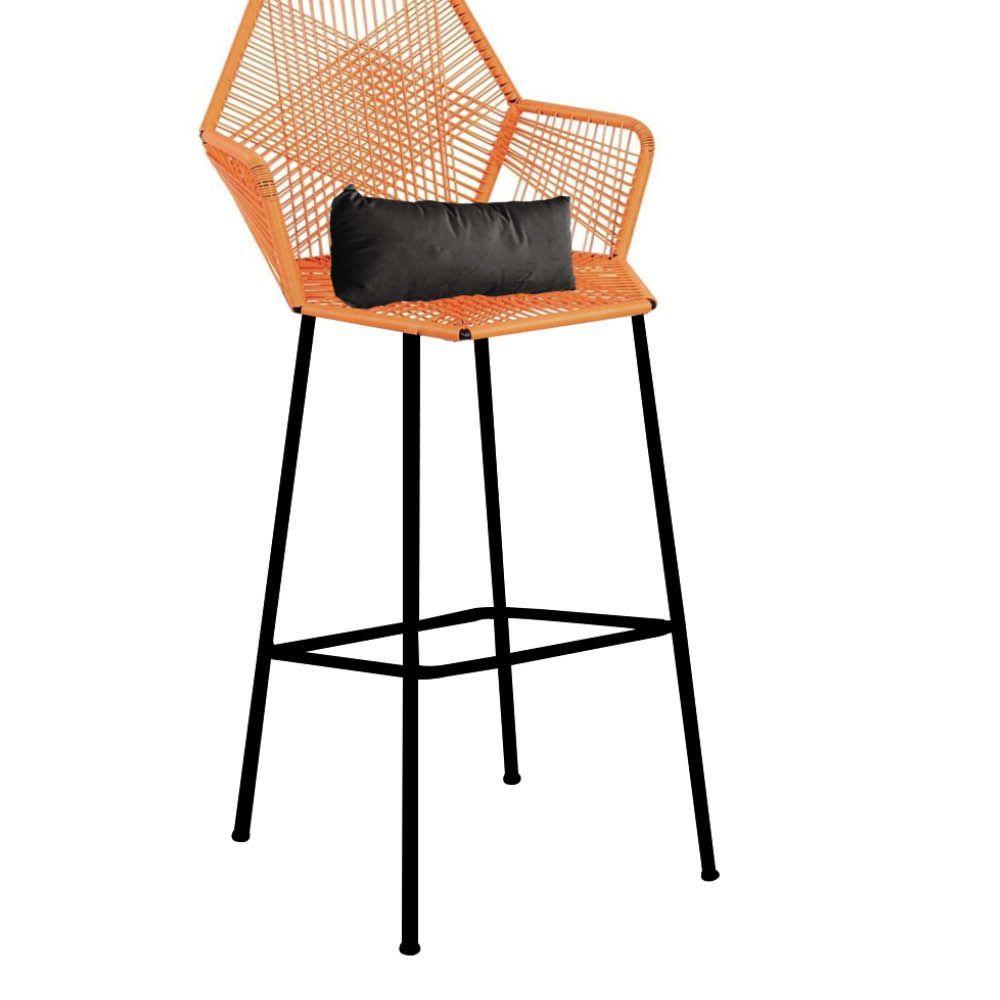 Miniatura Banqueta Alta Sttar Ferro Preto Fibra Laranja Almofada Sintético Preto - Amey Decor