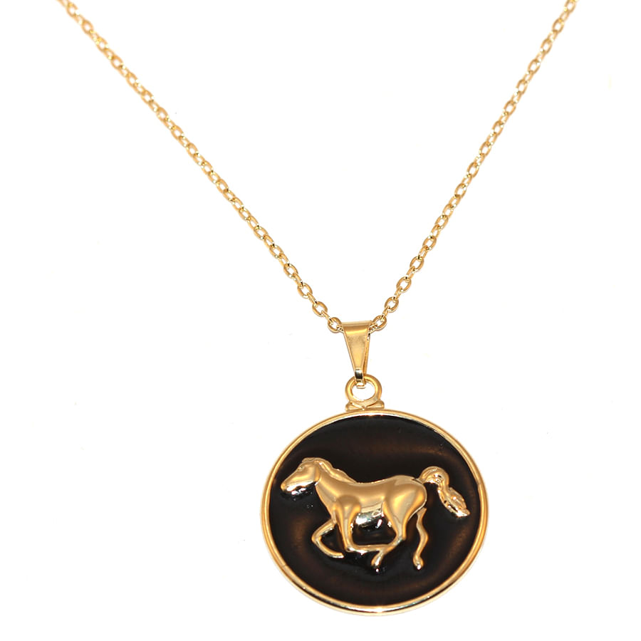 Miniatura Colar Cordão Country Medalha Cavalo Folheado Ouro 18k