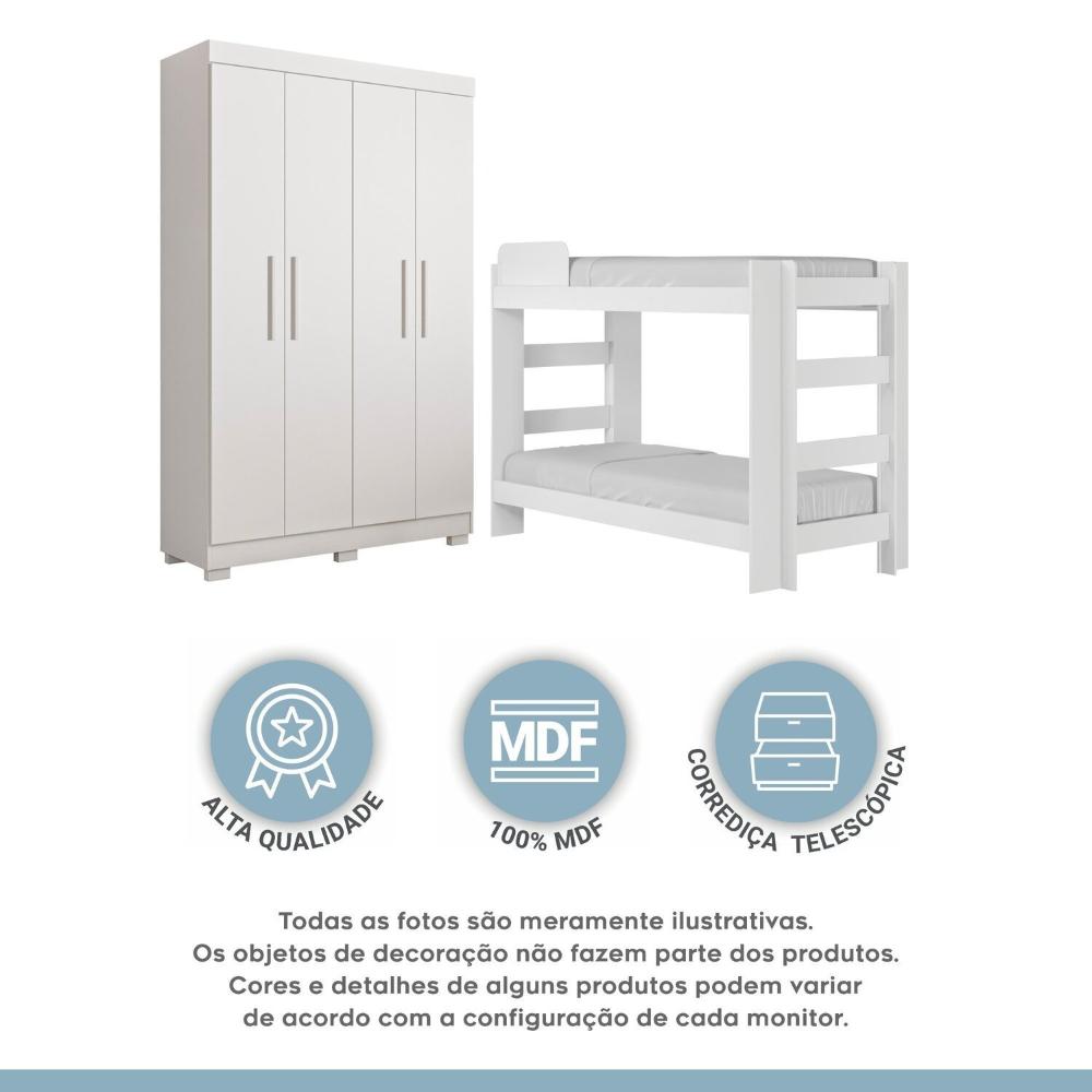 Quarto Infantil Completo com Guarda-Roupa e Beliche Théo Branco