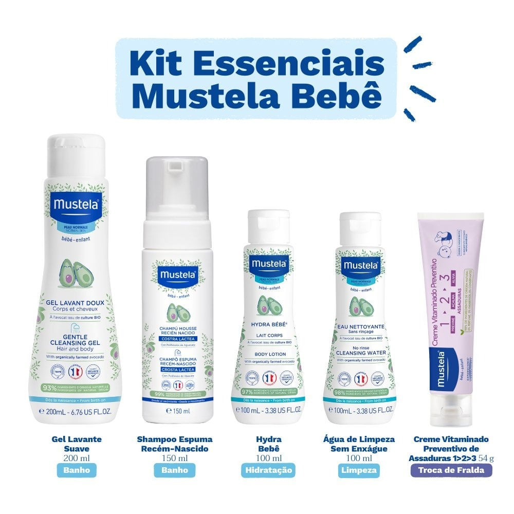 Miniatura Kit Mustela Essenciais Bebê Gel 200ml+ Shampoo 150ml+ Hydra 100ml+ Água De Limpeza 100ml+ Creme 54g