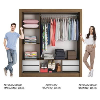 Guarda Roupa Casal Madesa Lyon Plus 3 Portas de Correr com Espelho 4 Gavetas Rustic/Branco Cor:Rustic/Branco