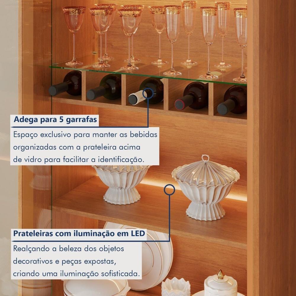 Cristaleira com Adega e Iluminação Led com Pés em Madeira Maciça e 1 Gaveta Prime Naturalle