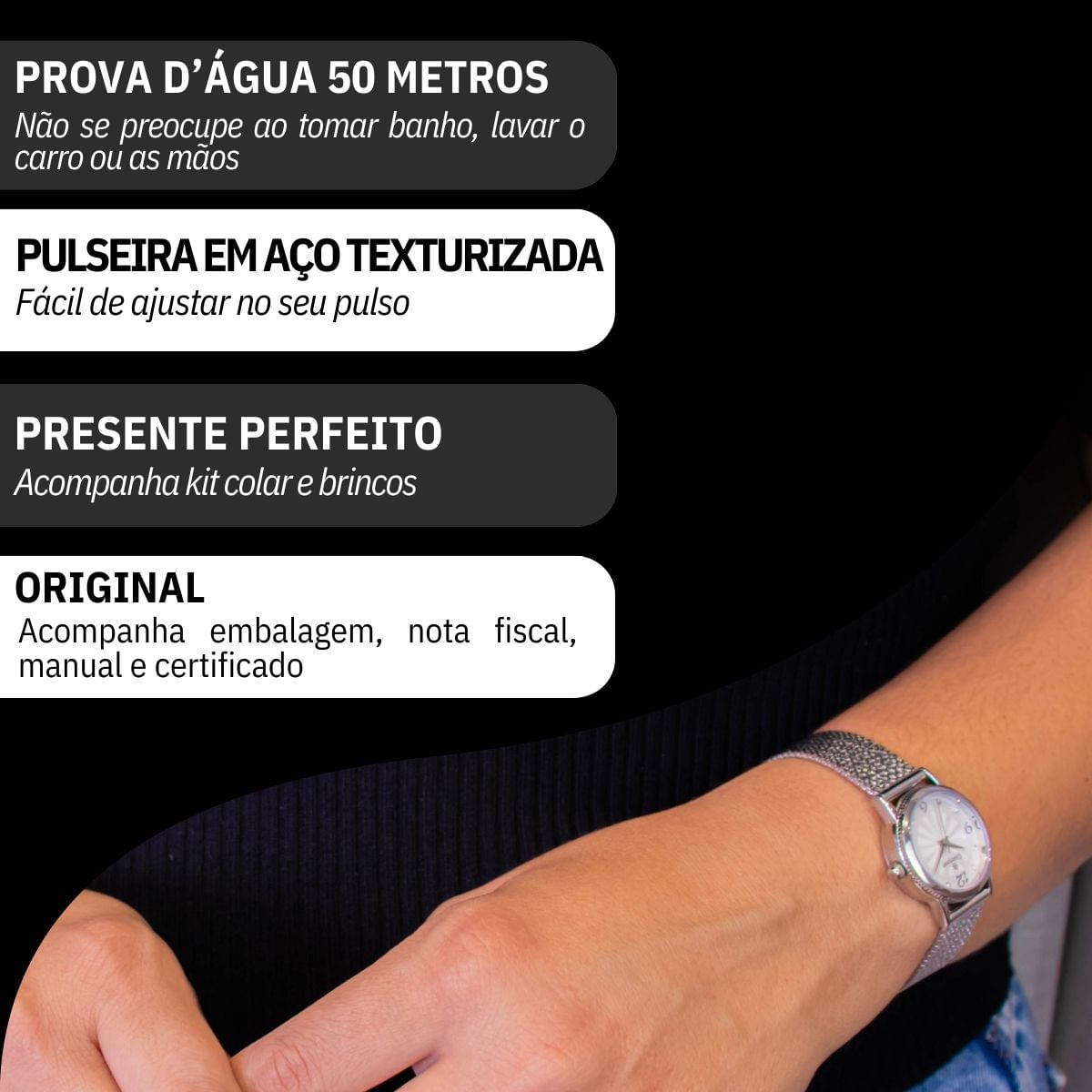 Miniatura Relógio Feminino Champion Texturizado Mini Prata CF24091Q + Colar e Brincos