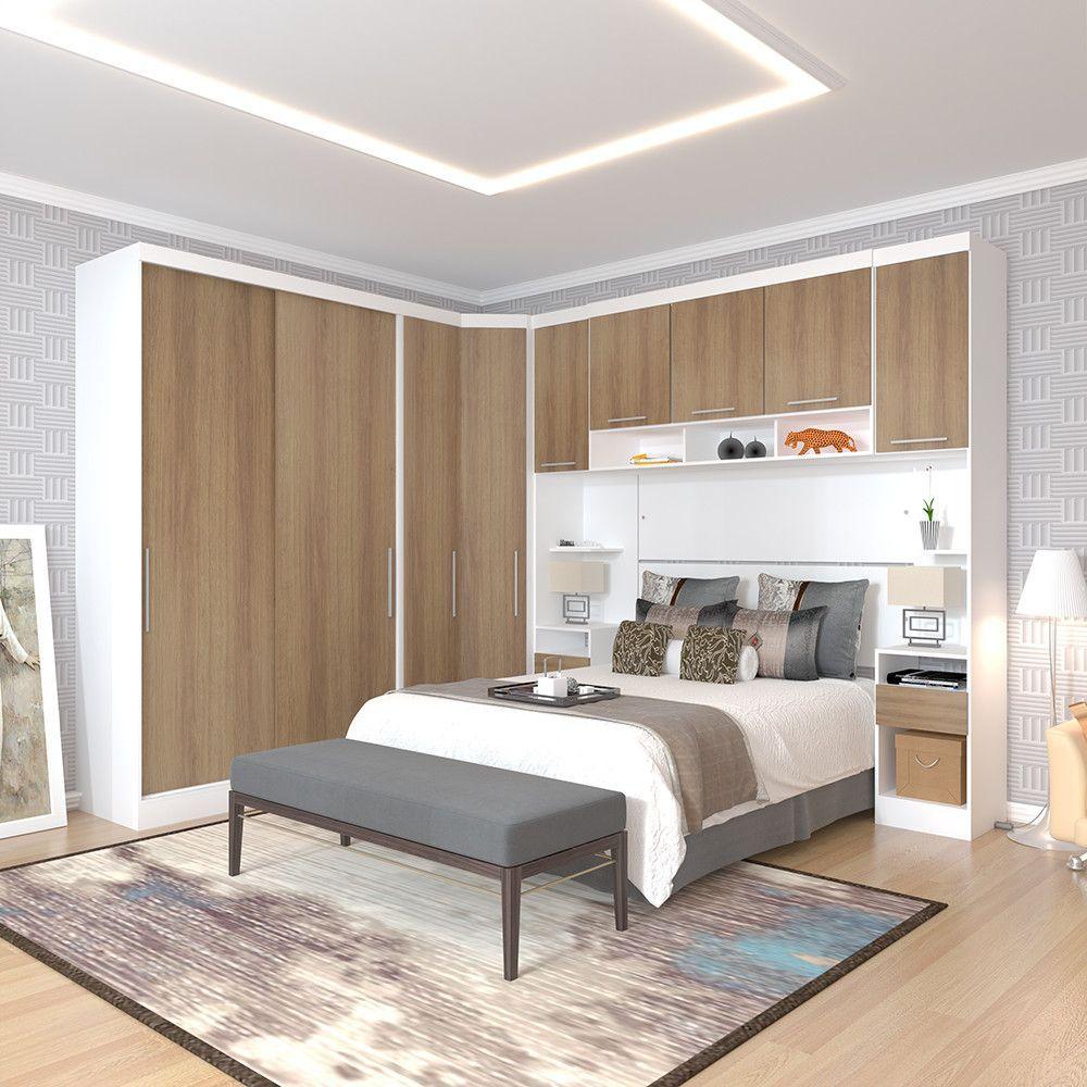 Miniatura Quarto De Canto Casal Com Guarda Roupas Cabeceira E Mesas De Cabeceira Alpes Luciane Móveis Branco Pf Com Avelã Pf