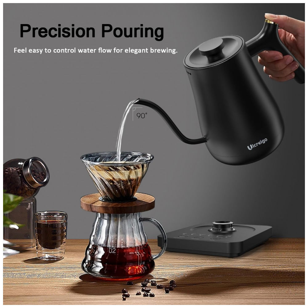 Miniatura Chaleira Elétrica 800mL em Aço Inoxidável com Controle de Temperatura, 5 Predefinições, 110V 1200W, Ulcreigo, Preta