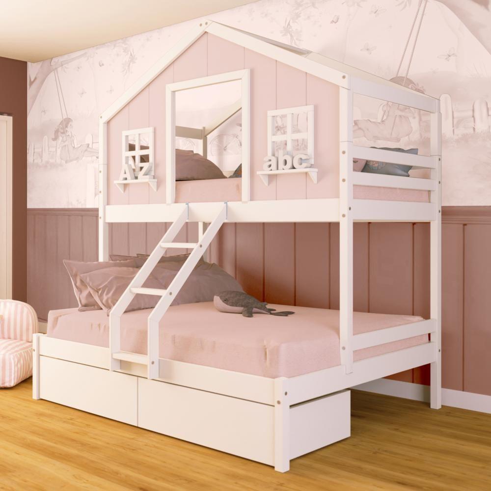 Miniatura Beliche Casal/ Solteiro Casinha Dos Sonhos Com 02 Gavetas Madeira Maciça Rosa/ Branco Megamobilia