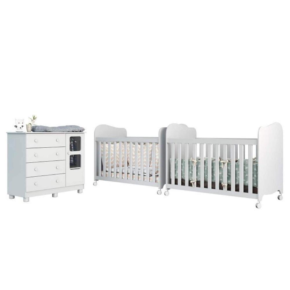 Quarto Gêmeos com 2 Berços Americano 1 Cômoda com 4 Gavetas e 1 Porta Uli Móveis Peroba Branco Brilho