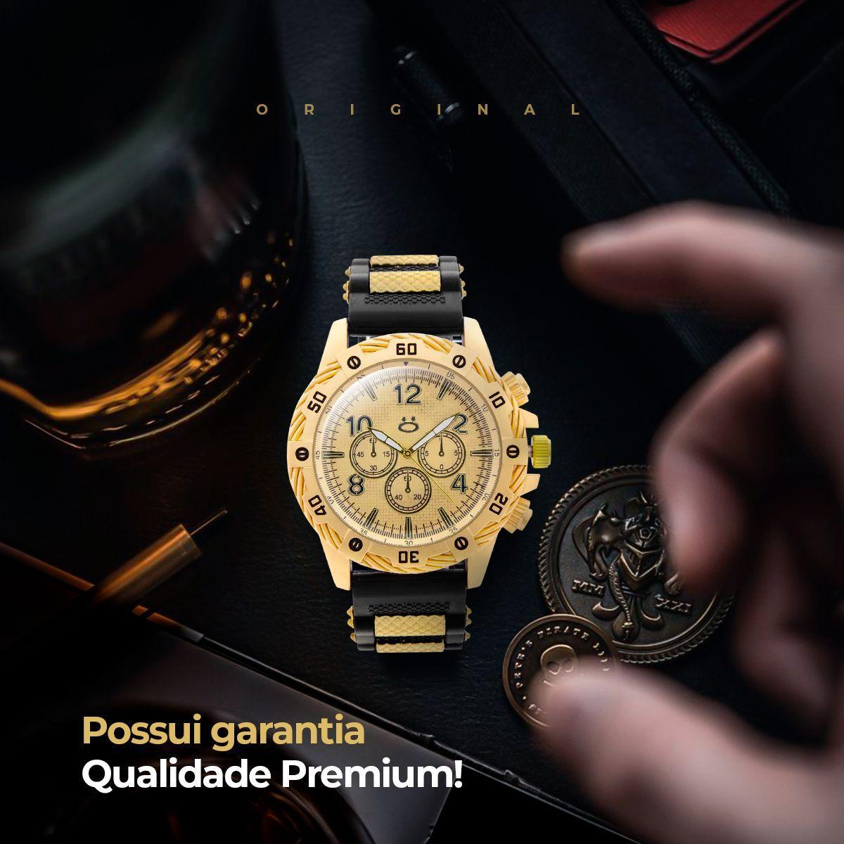 Relogio Dourado Aço Inox + Caixa + Pulseira Masculino