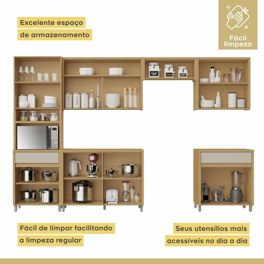 Cozinha Completa 6 Peças 12 Portas 2 Gavetas Condessa 350cm 100% MDF Carvalho/Greige