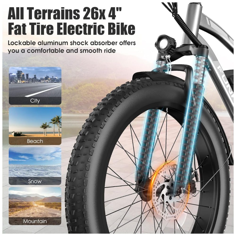 Miniatura Bicicleta Elétrica para Adultos: Peak 1000W Ebike, 25MPH 60 Miles com Roda Gorda de 26'', Bateria de 48V 13AH, Suspensão Dianteira, Sinalizador de Cur