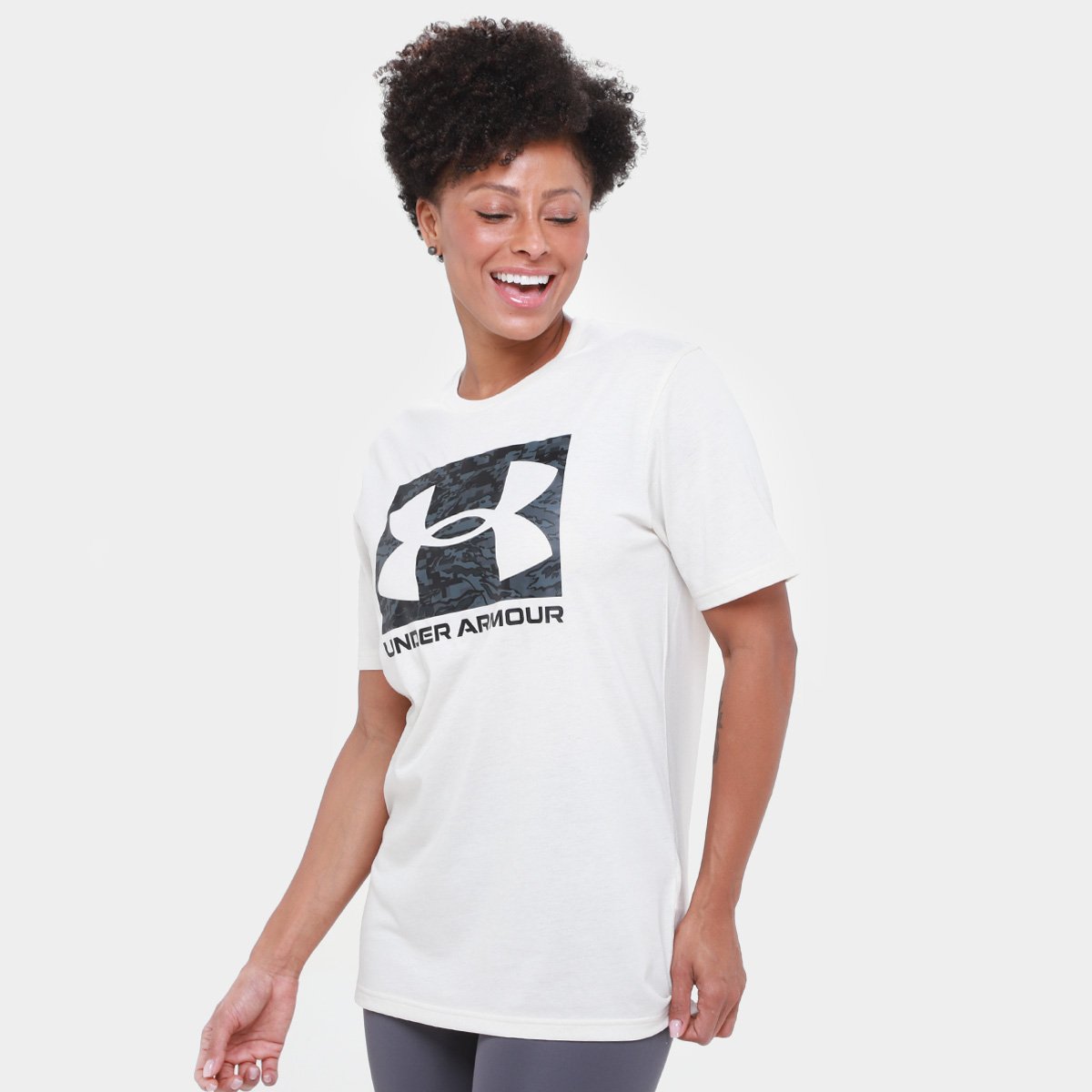 Miniatura Camiseta Under Armour Boxed Feminina Bege+Preto - G