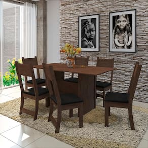 Miniatura Mesa de Jantar Retangular Indekes Pequi com 6 Cadeiras e Assento Revestido em Courino Noce