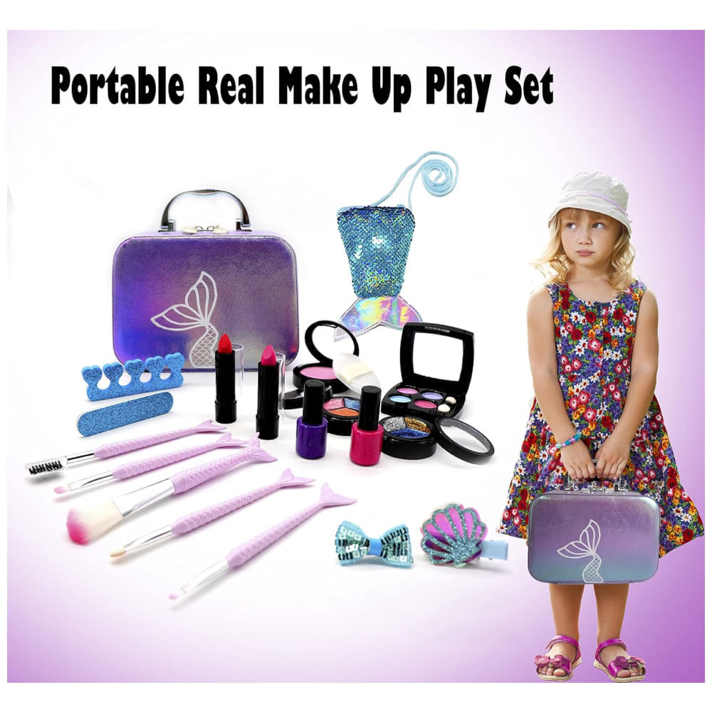 Kit de Maquiagem Infantil Lavável com 20 Peças para Crianças de 4 a 10 Anos, 10Leccion Sereia, Roxo e Rosa 110v
