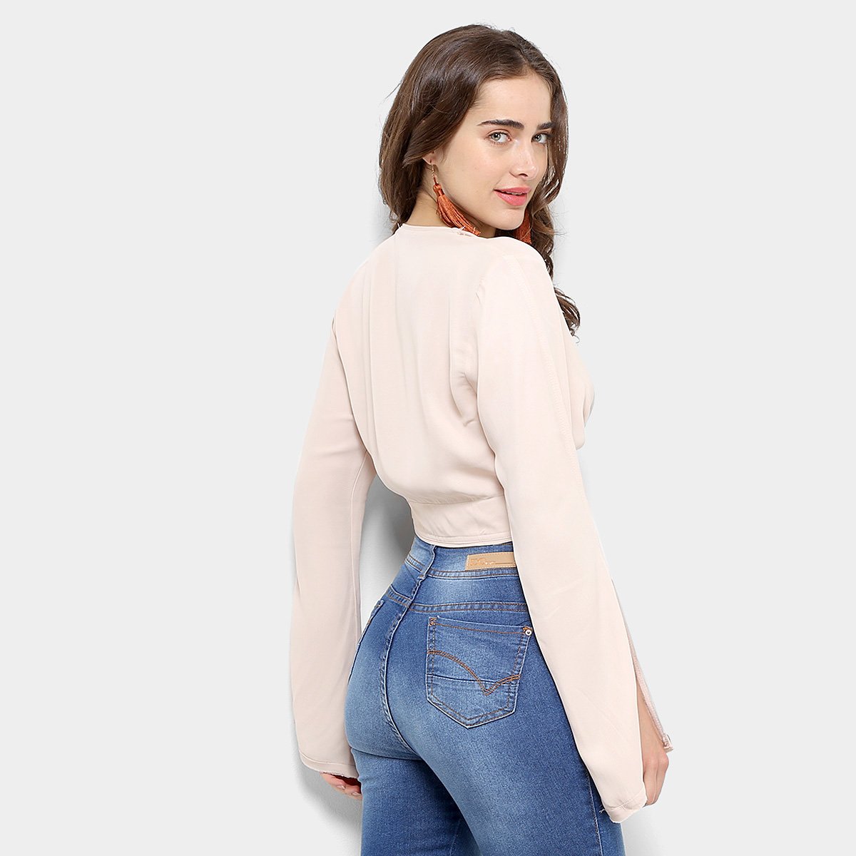 Miniatura Blusa Open Cropped Decote Manga Longa Feminina Bege - G