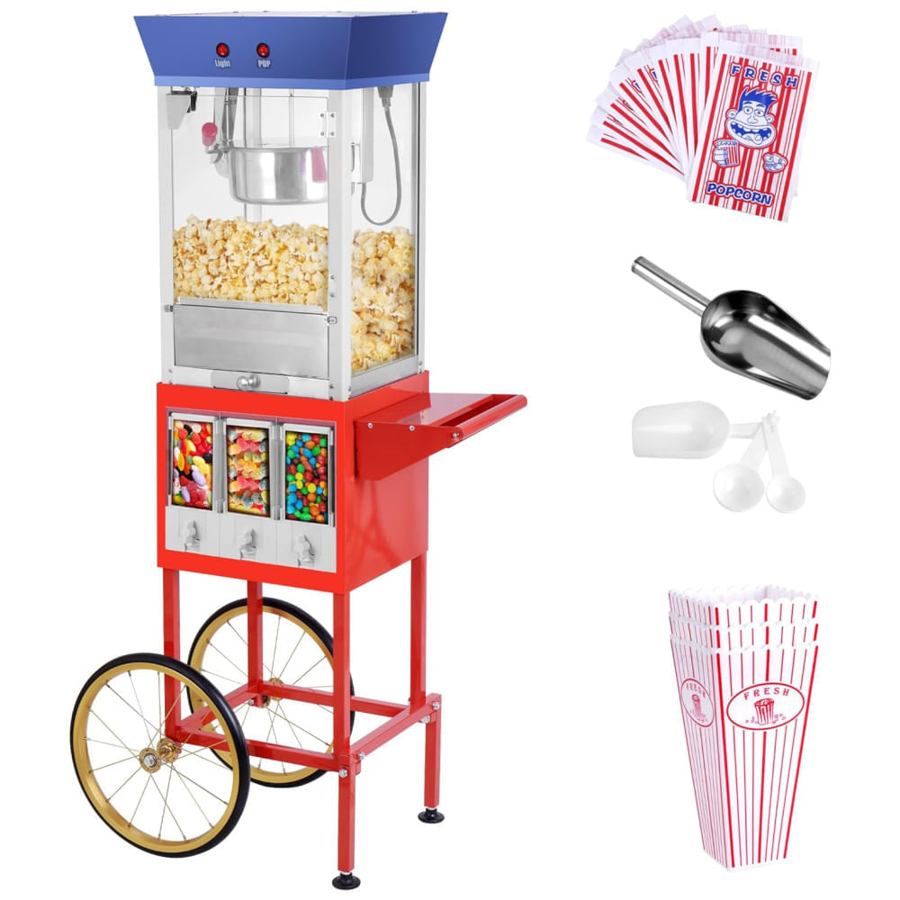 Miniatura Máquina de Pipoca Profissional Vintage com Carrinho Móvel e Capacidade de 0,28g Fredeer 110v