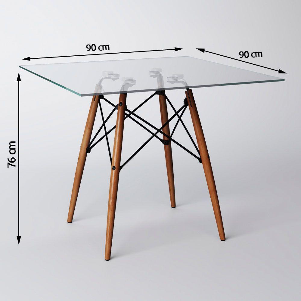 Miniatura Mesa Eames Eiffel Quadrada 90 Cm Tampo De Vidro Base De Madeira