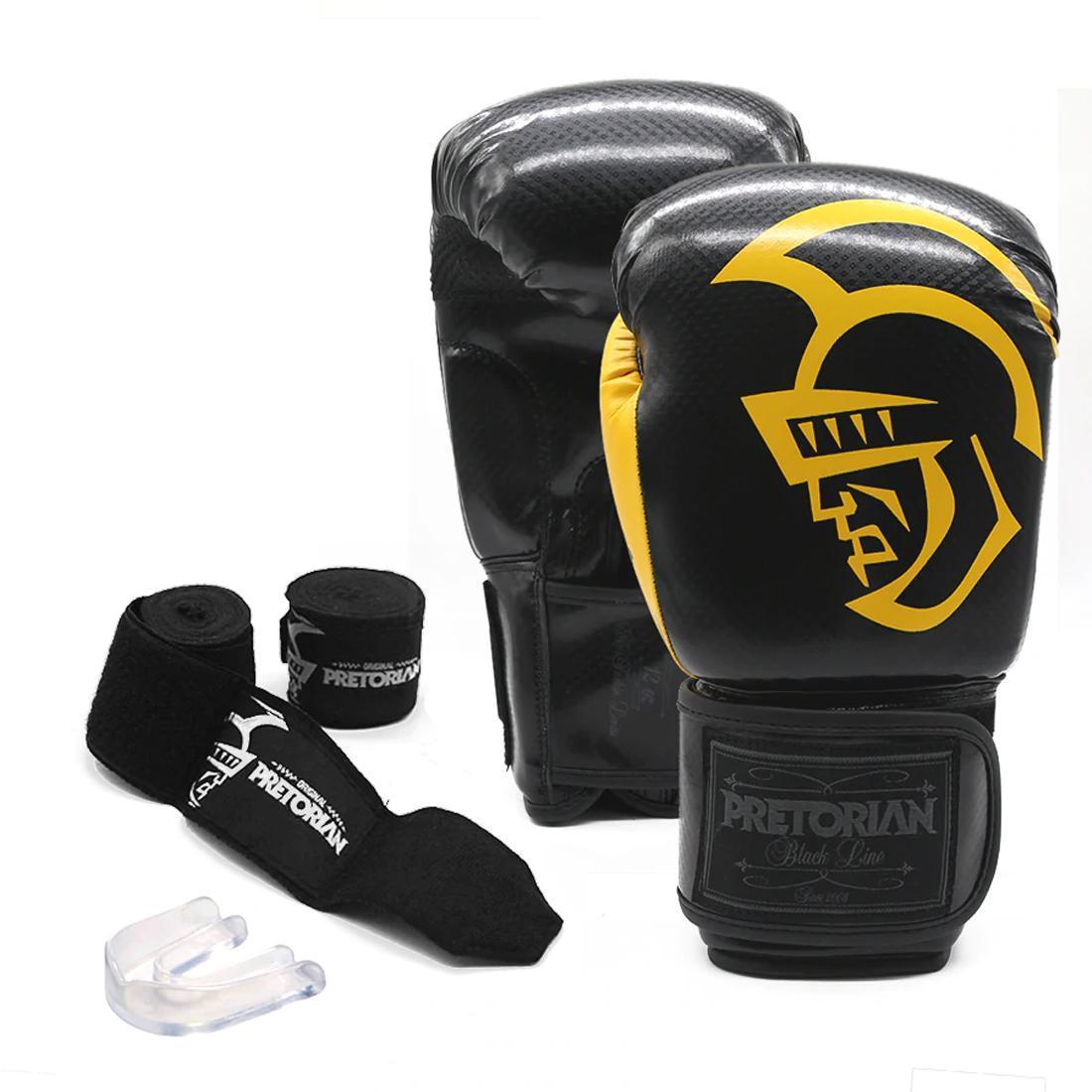 Miniatura Kit Boxe Luva Pretorian Black Line 12Oz Bucal E Bandagem Amarelo