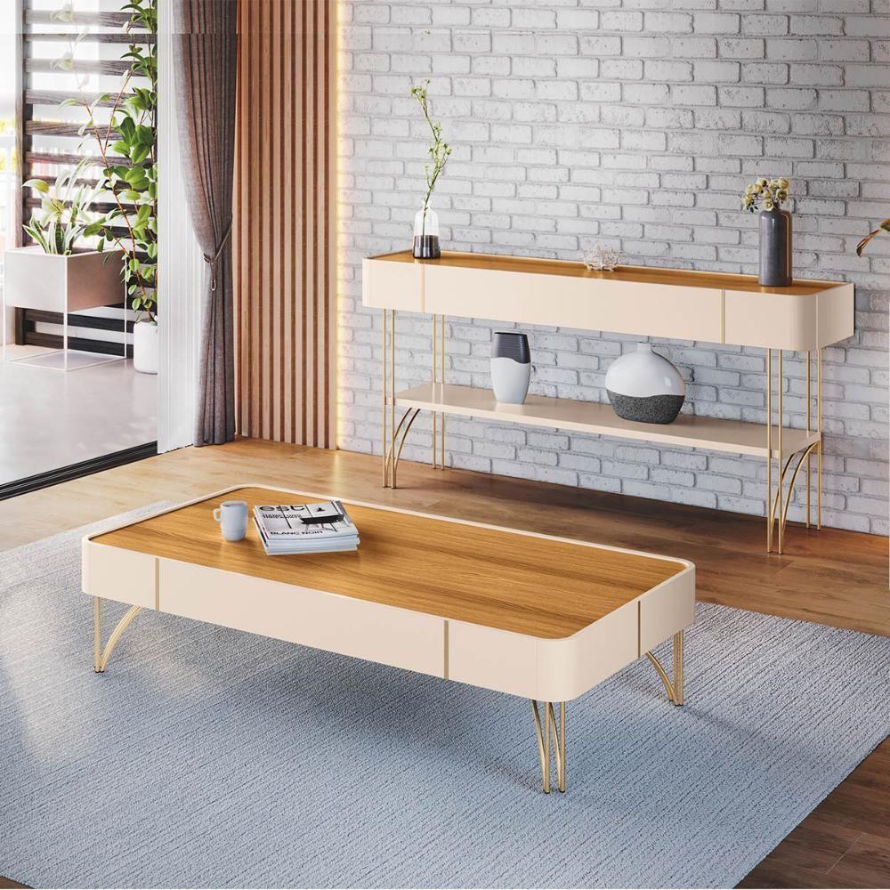 Miniatura Aparador Buffet Vivant E Mesa De Centro Cadenza Pés Em Aço Off White/cinamomo