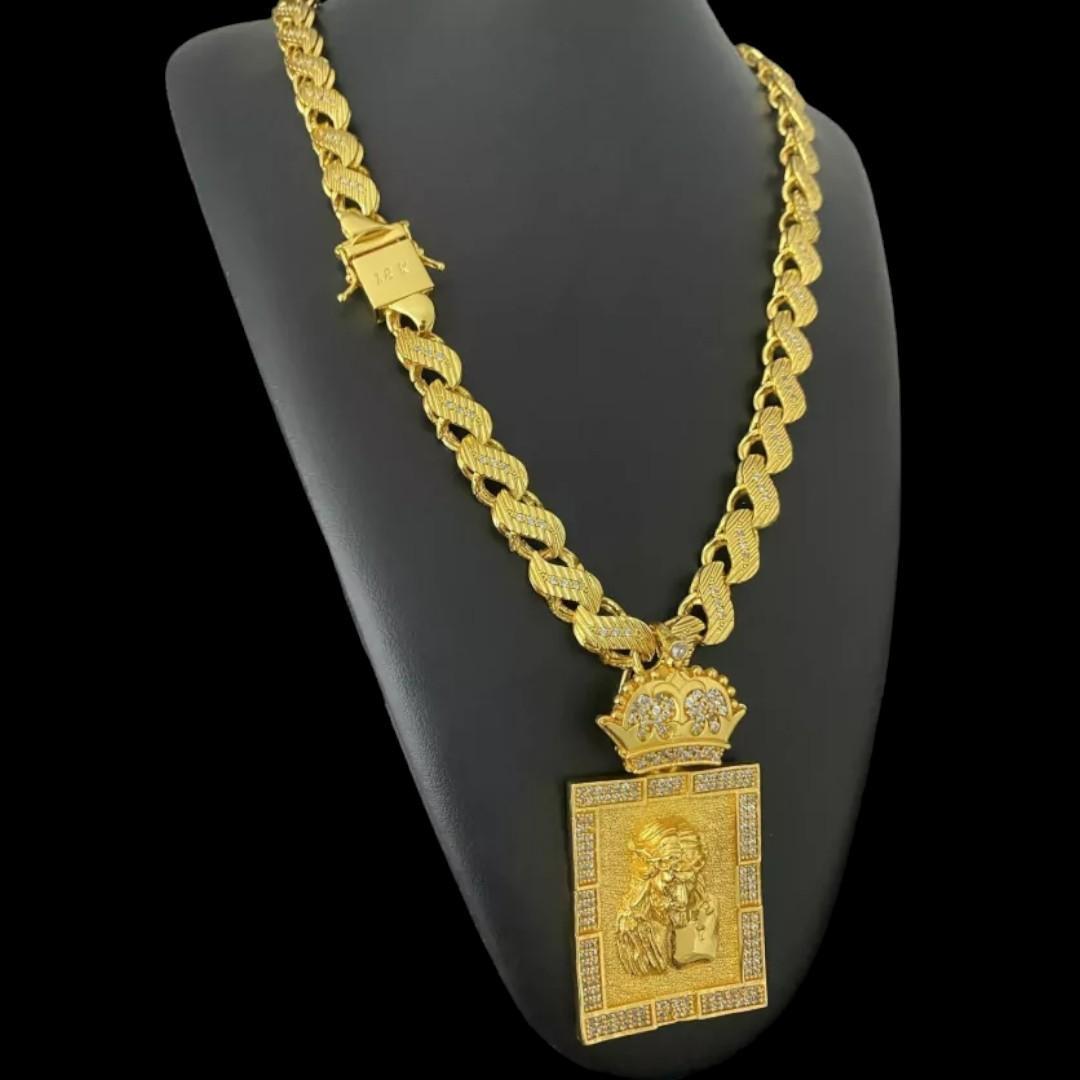 Miniatura Cordão Friso S 13Mm Cravejado + Pingente Jesus Banhado Ouro