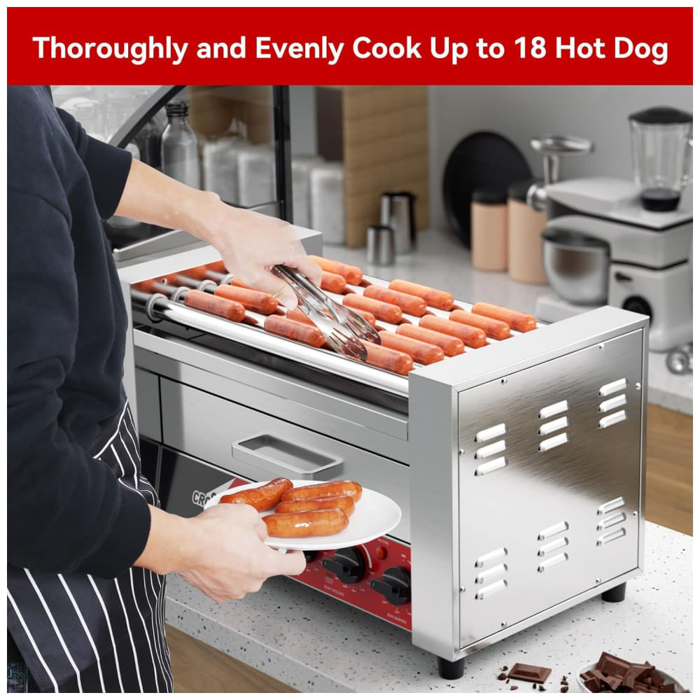 Miniatura Máquina de Salsicha Hot Dog Grill CROSSON, 7 rolos antiaderentes, aquecedor de pães, comercial, inox 304, 110V, 1350W, ideal para cozinhar 110v