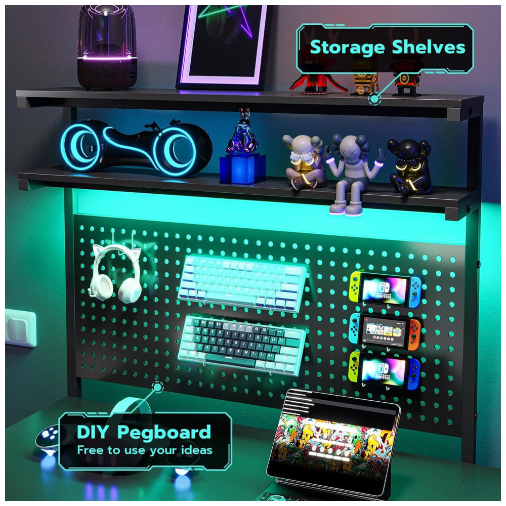 Mesa Gamer em Formato de L com Luz LED, Suporte para Monitor, Prateleiras de Armazenamento, Tomadas, Painel Perfurado e Gavetas, 110V, SEDETA, Preto 110v