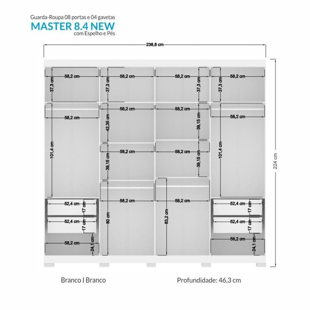Miniatura Guarda Roupa Casal Master New 8.4 8 Portas Branco Com Espelho E Pés - Santos Andirá Branco