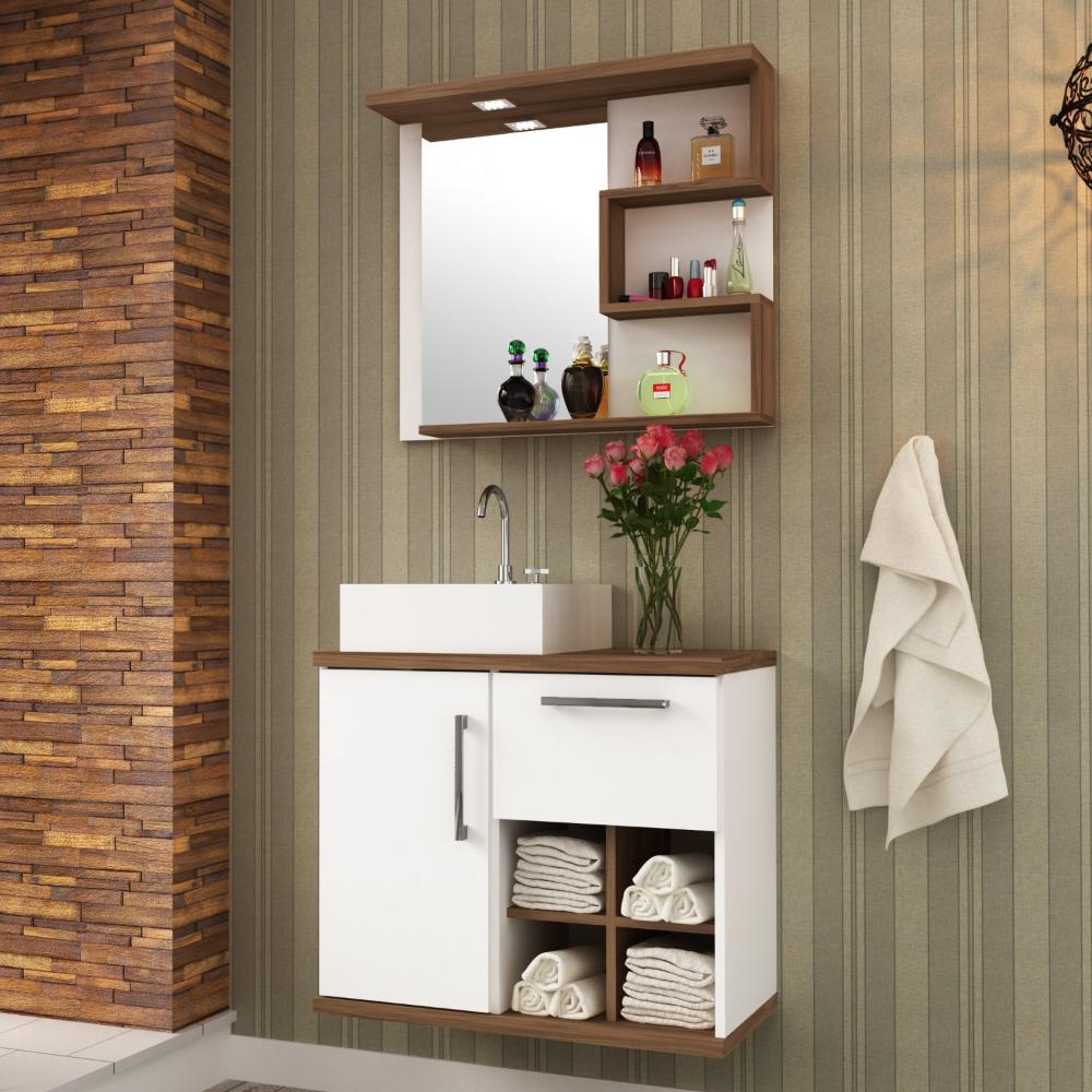 Miniatura Gabinete para Banheiro 70cm com Cuba e Espelheira Veneza Móveis Bosi Nogal/Branco