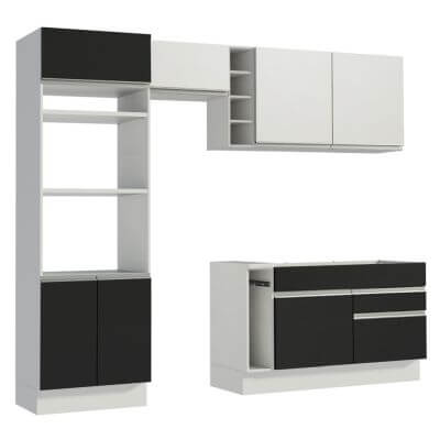 Cozinha Completa Madesa Jade com Armário e Balcão (Sem Tampo e Pia) Branco/Preto/Branco Cor:Branco/Preto/Branco