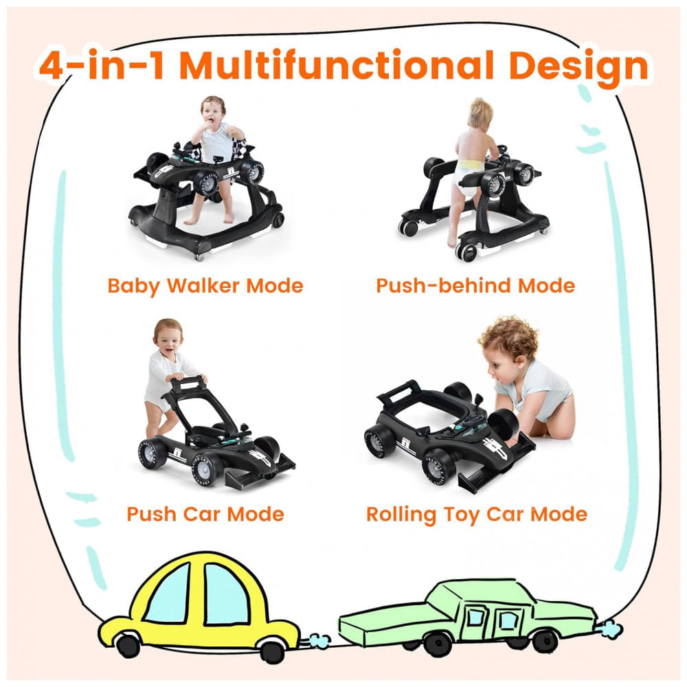 Miniatura Andador Infantil Interativo 4 em 1 com Sons, Luzes e Atividades, HONEY JOY, Preto