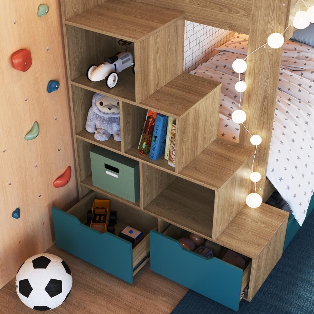 Cama Beliche Infantil Bicama Menino Menina 2,32m Com Escada, Nichos E Gavetas Com Rodas Aveiro Com Azul