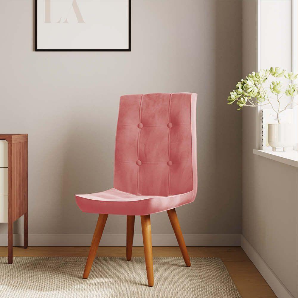 Miniatura Kit 07 Cadeira De Jantar Drop Com Botão Base Pé Palito Imbuia Suede Rose Gold - Amey Decor