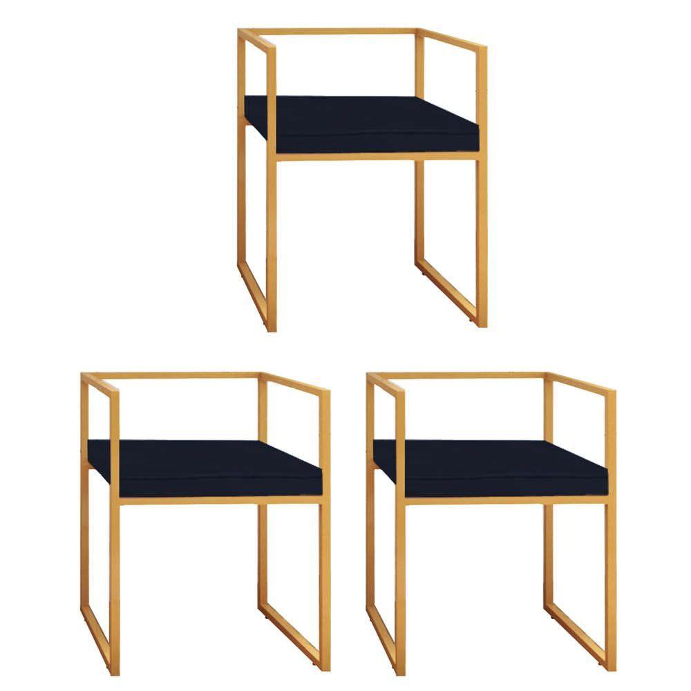 Miniatura Kit 03 Cadeira De Jantar Cubo Ferro Bronze Sintético Azul Marinho