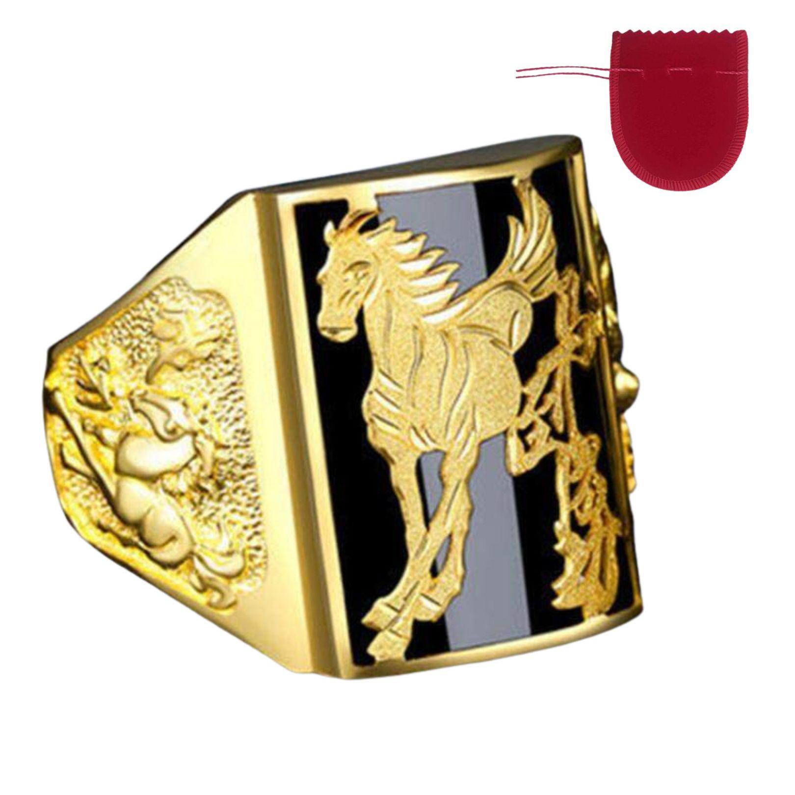 Miniatura Anel Grande Masculino Cavalo Preto Banhado A Ouro Ajustável