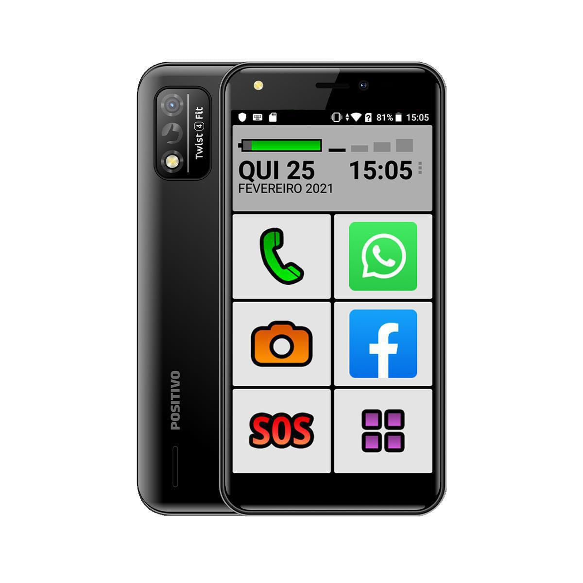 Miniatura Celular Do Idoso Teclas Grandes 32Gb Sos Positivo Preto