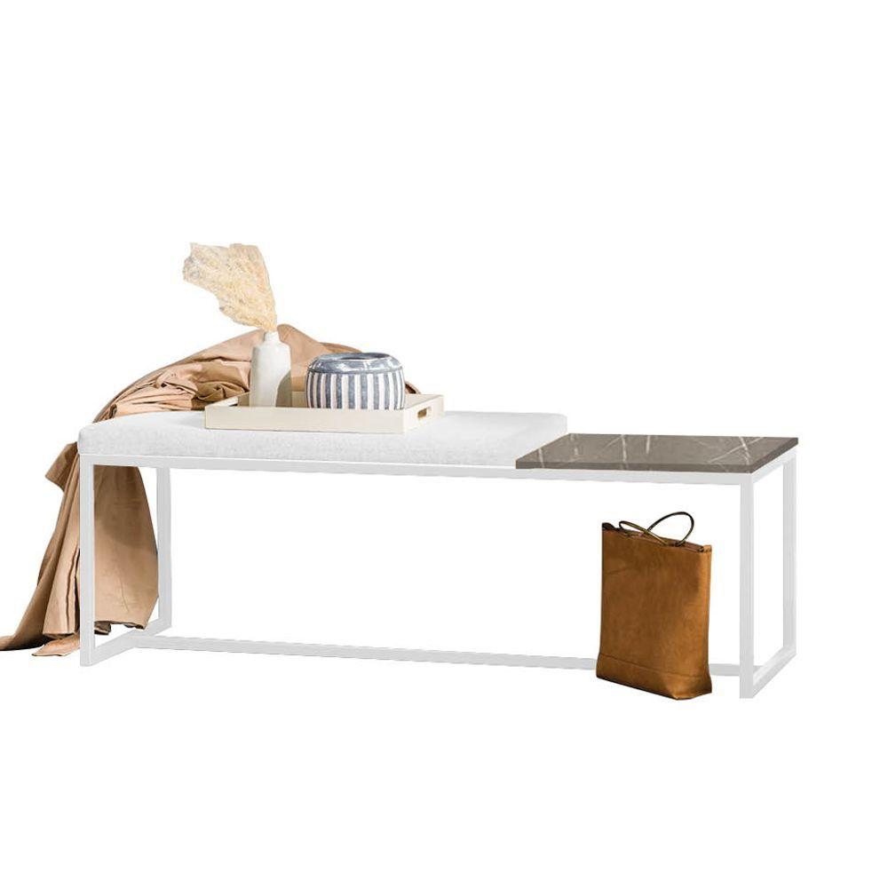 Miniatura Banco Recamier Puff 160cm Industrial Branco Corino Branco Tampo Quadrado Marmorizado