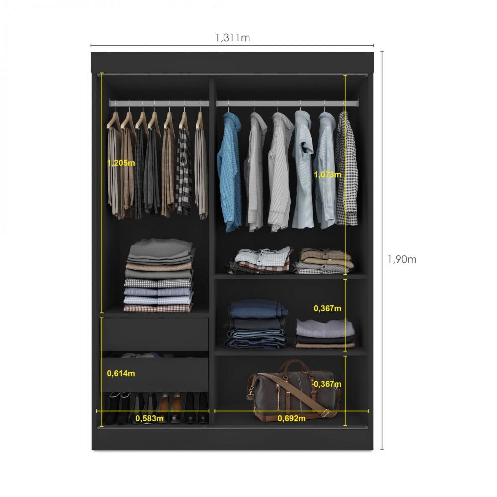 Guarda Roupa Solteiro 2 Portas de Correr 2 Gavetas e Espelho Peônia Yescasa Preto