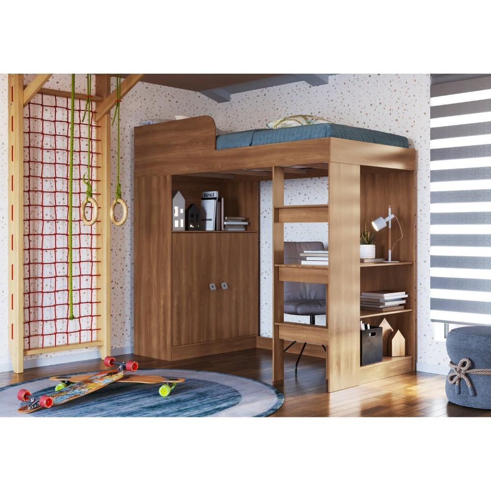 Cama Alta Multifuncional Infantil/Juvenil com Armário e Escrivaninha San Francisco Nogal