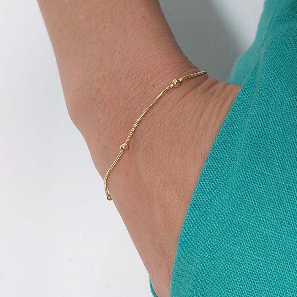 Miniatura Pulseira Corrente Lisa Com Bolinhas Folheado Em Ouro 18k [f027]