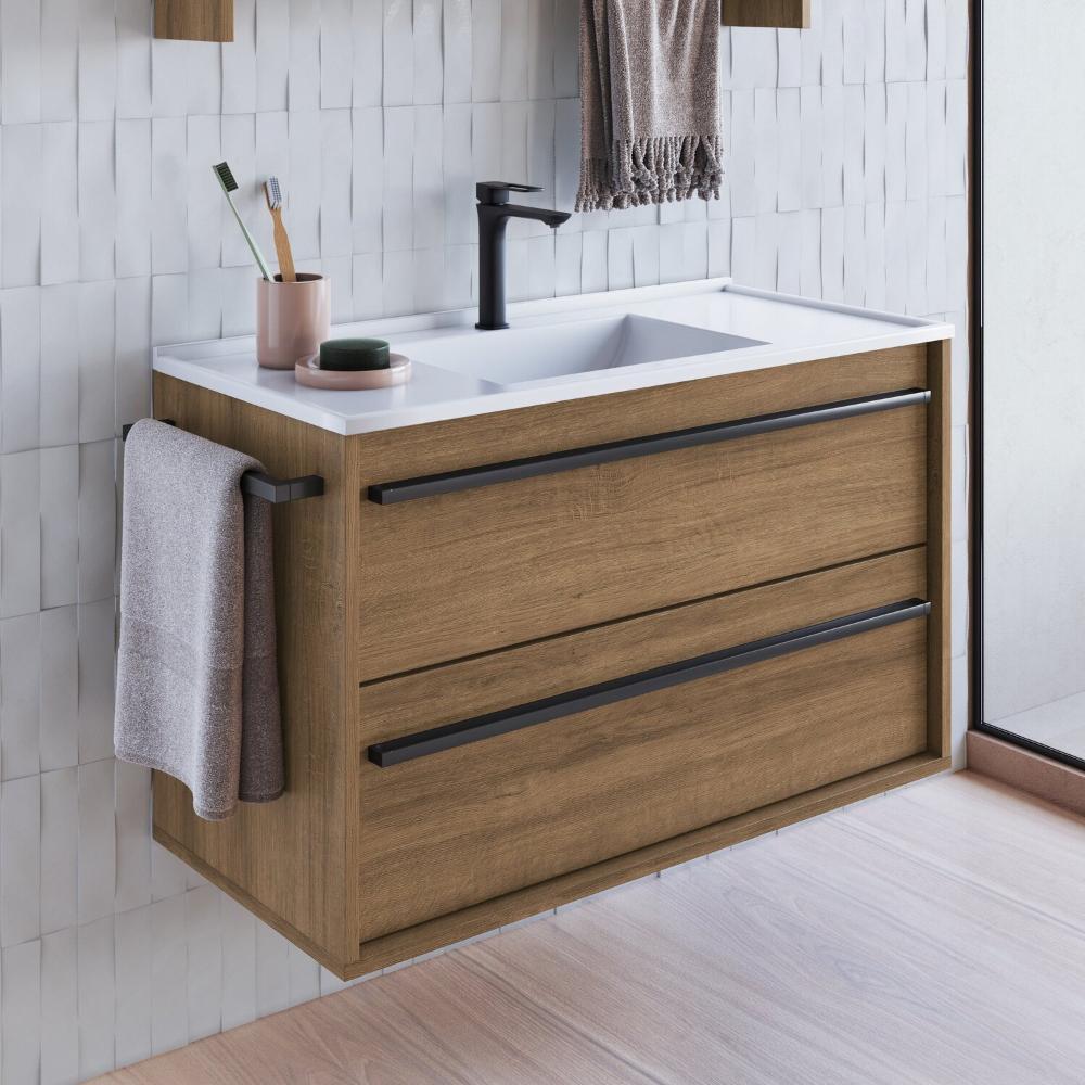 Miniatura Gabinete de Banheiro Suspenso 80cm com 1 Toalheiro 1 Porta 1 Gaveta Bh8030 com Lavatorio Mel