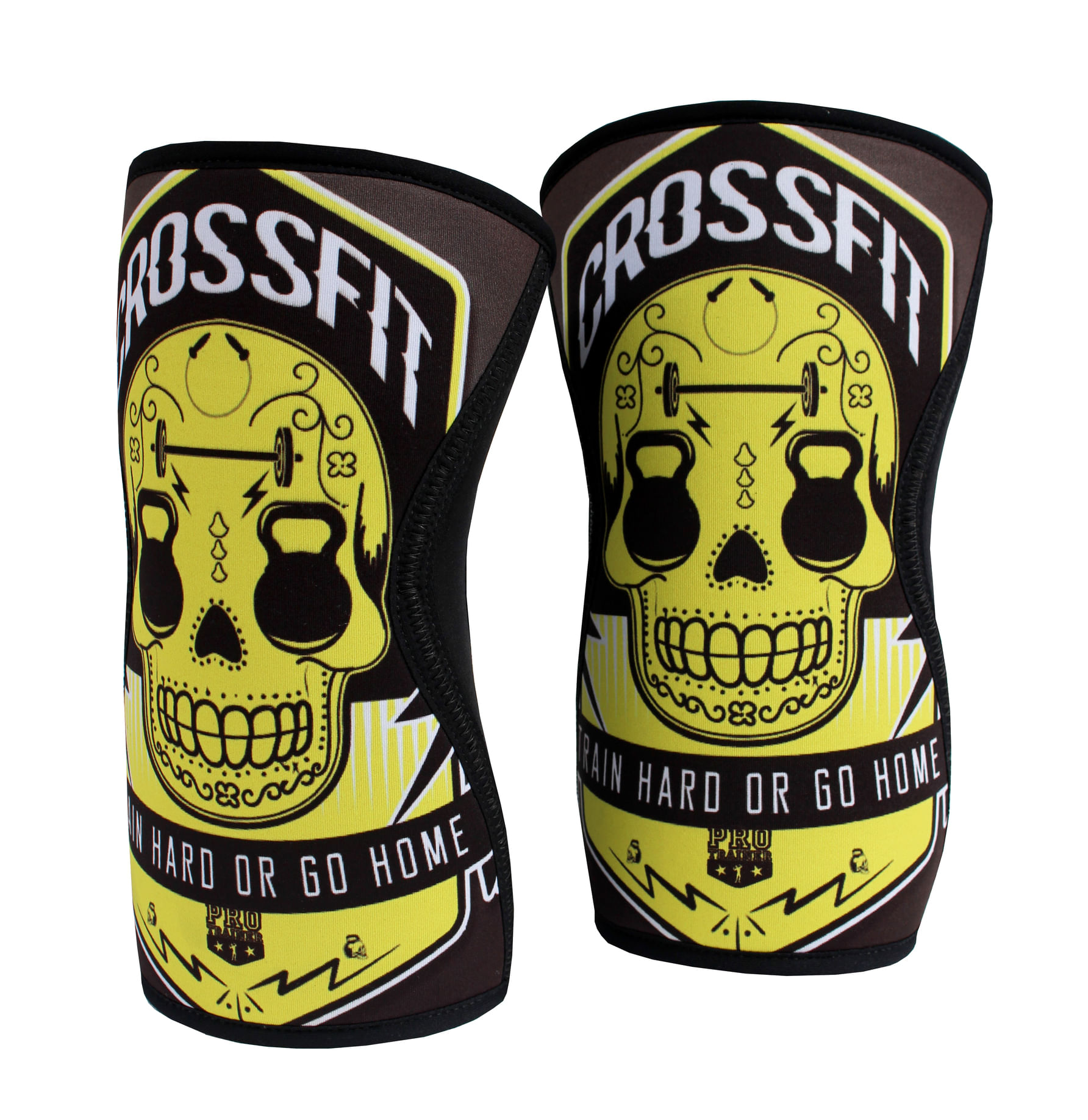 Miniatura Joelheira Crossfit caveira amarela neoprene tamanho g